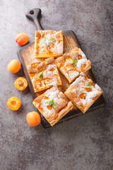 Slices of fresh apricot iced sponge cake with fruits closeup on the wooden board on the table. Vertical top view from above