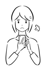 スマートフォンを見て怒っている若い女性の線画イラスト