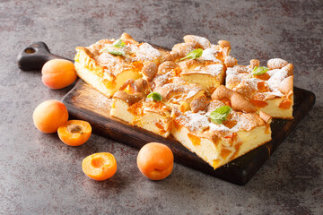 Sponge cake with apricot and powdered sugar closeup on a rustic wooden board on the table. Horizontal