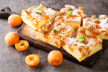 Delicate cake with apricot with mint and dusted with icing sugar closeup on a rustic wooden board on the table. Horizontal