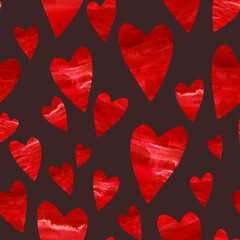 Simple watercolor hearts on dark background, seamless drawing. Flat design of endless chaotic texture of hearts of different sizes. Shades of red. Painted by hand. Valentine's Day background.