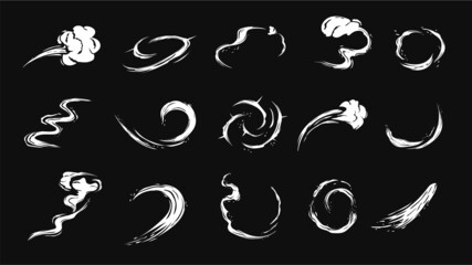 Wind gusts and dust whirlwinds. White spirals and whirlpools of weather flows curved ornament of wind swirls and vector bursts