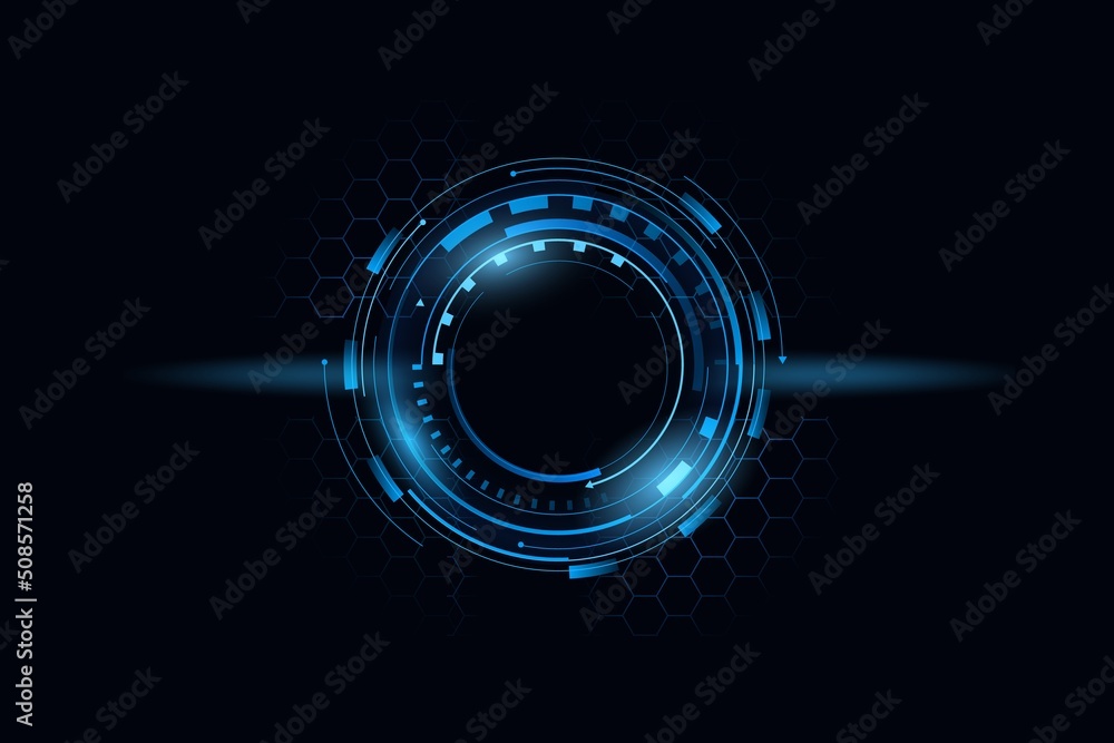 Poster techno circle with glow template. cyber button with blue set and highlights virtual futuristic frame