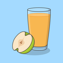 Green Apple Juice With Fruit In Glass Cartoon Vector Illustration. Apple Juice Flat Icon Outline
