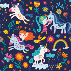 Seamless pattern with fairies and unicorns  for girl. Vector isolated illustrations on a dark background.