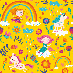 Seamless pattern with fairies and unicorns  for girl. Vector isolated illustrations on a yellow background.