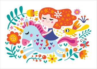 Card for girl. Vector isolated illustration with beautiful fairy and unicorn on a white background.
