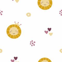 Seamless pattern with cute sunny princess and hearts on a white background. Ornament for children's textiles and packaging. Flat style. Vector.
