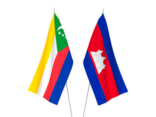 National fabric flags of Union of the Comoros and Kingdom of Cambodia isolated on white background. 3d rendering illustration.