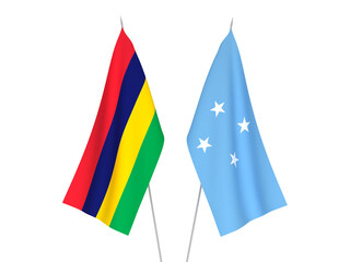 National fabric flags of Republic of Mauritius and Federated States of Micronesia isolated on white background. 3d rendering illustration.