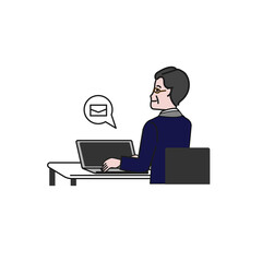 パソコンに向かい座りメールをする人の白バックの線画ベクターイラスト