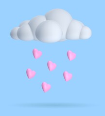 White cloud with rain of pink hearts on blue background. 3D rendering