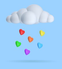 Fototapeta na wymiar White cloud with rain of colorful lgbt rainbow hearts on blue background. 3D rendering