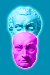Collage with antique sculpture of human face in pop art style. Modern creative concept image with ancient statue head. Zine culture. Contemporary art poster. Funky punk minimalism. Unusual design.