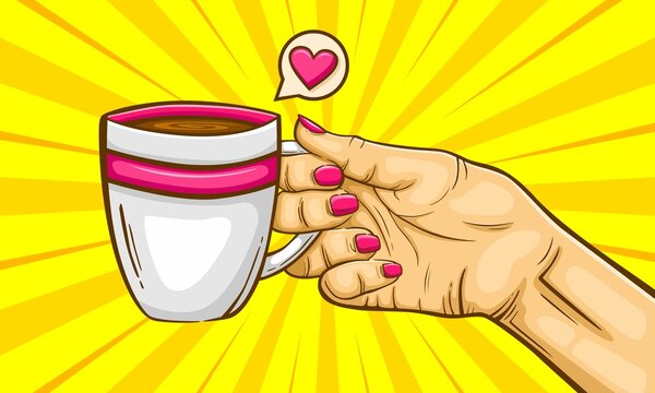 Woman hold coffee mug cartoon hand draw illustration 