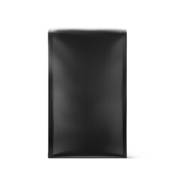 Realistic black gusseted bag mockup. Front view. Vector illustration isolated on white background. Perfect for your design, presentation, promo, ad. EPS10.	
