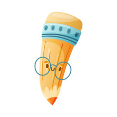 Funny Pencil as School Item with Smiling Face in Glasses as Cartoon Education Supply Vector Illustration