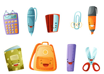 Funny School Items with Smiling Faces as Cartoon Education Supply Vector Set