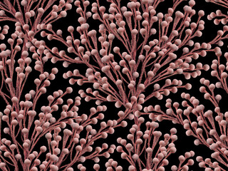 Seamless floral pattern with pink twigs on a black background.