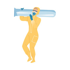 Man Scientist in Protective Yellow Outfit and Mask Carrying Glass Flask Conducting Scientific Research Vector Illustration