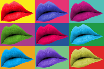 Modern creative collage. Contemporary art background with colored lips and with geometric elements. Digital GIF texture backdrop. Trendy art, zine culture. Modern template for pop art, modernism.