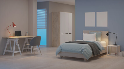 Modern teenager room interior with workplace and bed. Night. Evening lighting. 3D rendering.