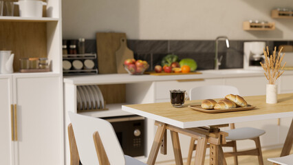 Minimal wooden dining table over blurred modern bright and clean kitchen cooking space