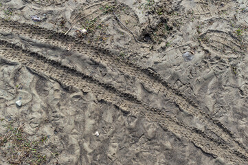 footprints and bicycle tracks on the dirt