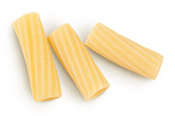 raw italian tortiglioni pasta isolated on white background with full depth of field. Top view. Flat lay