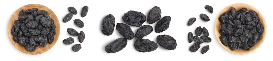 Black raisin isolated on white background. Top view. Flat lay, Set or collection