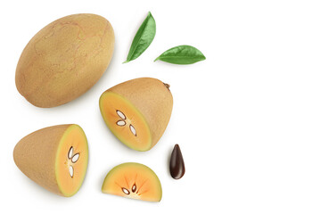 Sapodilla isolated on white background with full depth of field. Top view. Flat lay