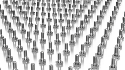 Obraz premium Many bolts in rows and columns, going far to the horizon. Industrial background 3d illustration