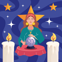 fortune teller with crystal ball and candles - obrazy, fototapety, plakaty