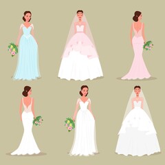 Set of brides in beautiful dresses and hairstyles with bouquets in their hands. Vector illustration flat.