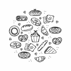 A collection of baked goods and pastries, hand-drawn sketch-style doodle elements. Different kinds of bread, croissant, baguette, scones, muffin, muffin. Vector cute silhouettes on white background.