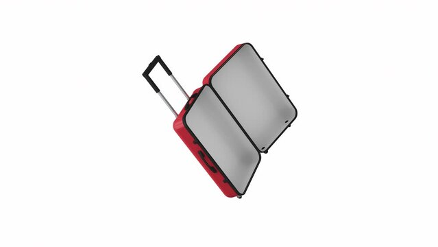 3D rendering Animation, Close up rotating empty red suitcase then open up, blank space for your copy or design, isolated white background.