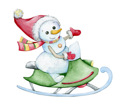 A cheerful snowman, riding a green snowmobile. watercolor Christmas clipart in cartoon style on an isolated background.