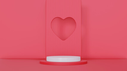 3d render realistic red and white 3D cylinder pedestal podium with window heart shape background. Valentine minimal scene for products showcase, Promotion display. Abstract studio room platform design