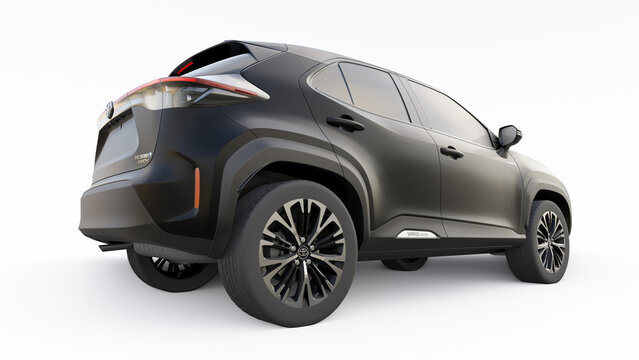 Tokyo, Japan. April 20, 2022: Toyota Yaris Cross 2020. Compact black SUV with a hybrid engine and four-wheel drive for the city and suburban areas on a white isolated background. 3d illustration.