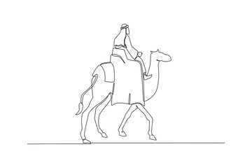 One continuous line drawing of Arab youth riding a camel. Happy Islamic new Year. Single line draw design vector graphic illustration.