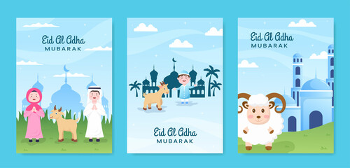 Eid al Adha Greeting Card Collection Template Social Media Flat Cartoon Background Illustration