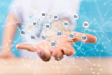 Augmented Analytics Data cloud storage network from lines, triangles and particle style design. Illustration