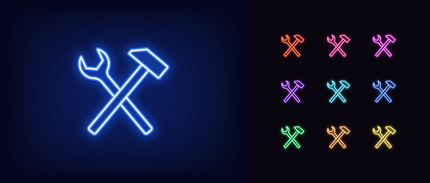 Outline neon repair icon. Glowing neon wrench and hammer sign, service tool pictogram. Repair and maintenance