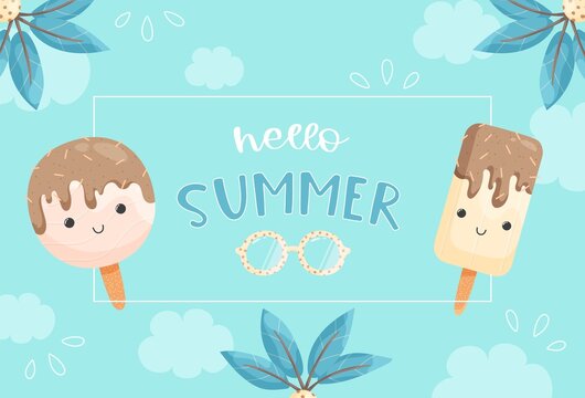 Hello summer banner with cute characters. Funny ice cream character design. Vector illustration in flat style for banners, postcards, posters etc.
