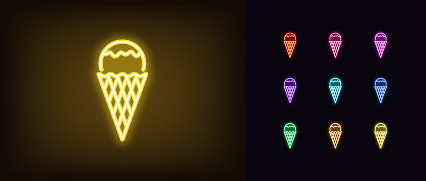Outline neon ice cream icon. Glowing neon Ice cream ball with waffle cone, dessert pictogram. Gelato ice cream
