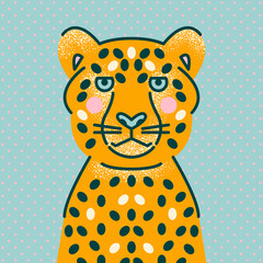 Bright illustration with a cheetah. Vector print, postcard, design