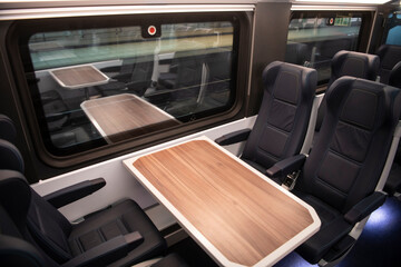 Empty comfortable modern seats inside business class cabin of fast speed European train. Interior of high speed train compartment. © Dragan