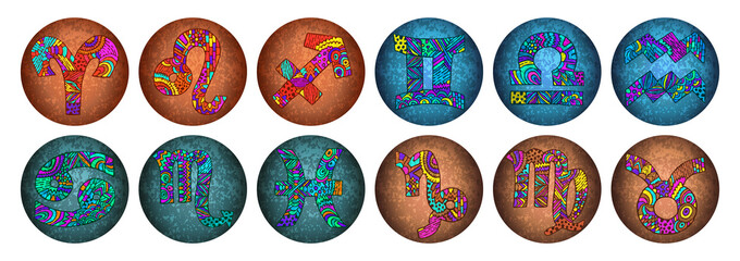 Zodiac zentangle signs. Zentangle zodiac symbols. Zentangle  astrological signs. Virgo, aquarius, libra, capricorn, aries, gemini, pisces, cancer, scorpio, leo, taurus, sagittarius.