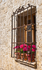 Fototapeta na wymiar Ventana en pared de piedra con rejas de hierro y macetas con hermosos claveles plantados