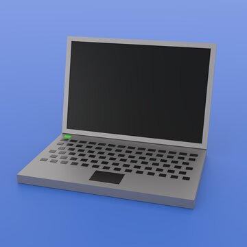 Low poly laptop. Design element. Mocap. Minimalistic style. Grey laptop on a blue reflective table. 3d illustration. Side view from above	